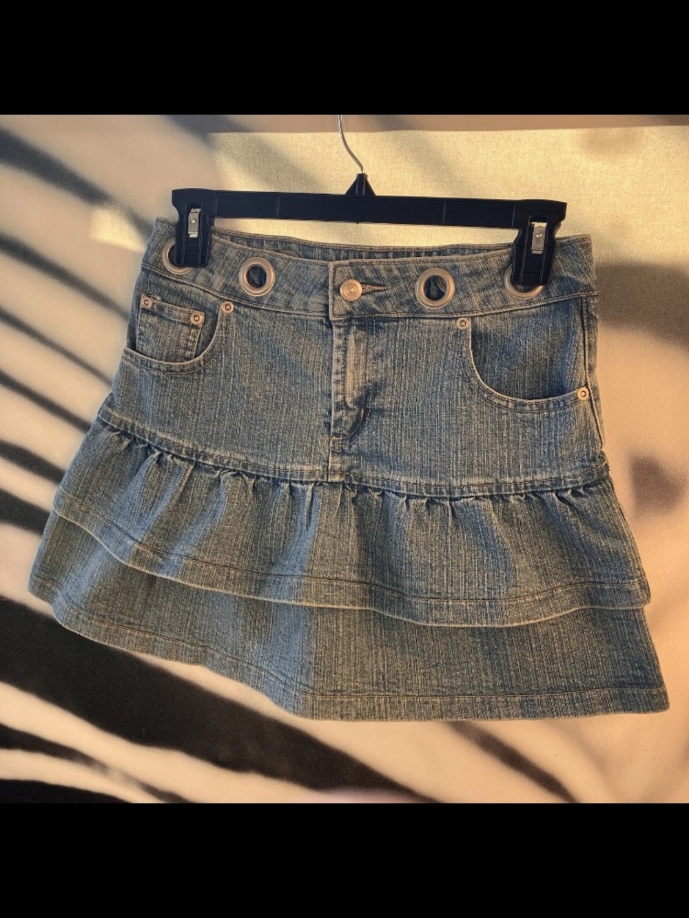 Denim Mini Skirt Size L Y2K Ruffle Tiered Layered Belt Loops Grunge